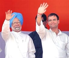 Prime Minister Manmohan Singh and AICC General Secretary Rahul Gandhi during an election rally in Amritsar on Monday. PTI