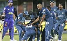 Deccan Chargers players celebrate the dismissal of Rajasthan Royals Graeme Smith, left, during their IPL match in Kimberley on Monday. AP