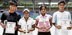 Winners of the AITA Championship Series tennis tournament in Bangalore on Friday. From left: Rashein Samuel (U-18 boys),  Nimisha Mohan (U-18 girls),