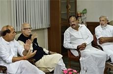 Leaders of the BJP, (L to R) Rajnath Singh, L.K. Advani, Venkaiah Naidu and Narendra Modi sit for a party meeting in New Delh, Monday. AP