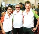 TEAMING UP: Adrian Sutil (right) with Force India owner Vijay Mallya (centre) and team-mate Giancarlo Fisichella.