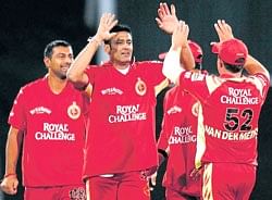 Anil Kumble (second from left) will hope for an encore against Chennai Super Kings in Saturdays semifinal. AFP