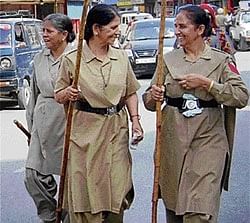 Women police constables patrolling the market area in Amritsar on Wednesday in the wake of the recent protests by the followers of Ravidas. PTI
