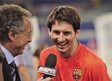 Barcelona's Lionel Messi  interviewed at a training session ahead of Wednesday's Champions League final match against Manchester United, AP