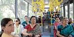 Senior citizens enjoying their day out in a Volvo bus. DH photo by Manjunath M S