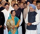 President Pratibha Patil and PM Manmohan Singh, with newly sworn-in ministers after the swearing in ceremony at Rashtrapati Bhavan, New Delhi. PTI