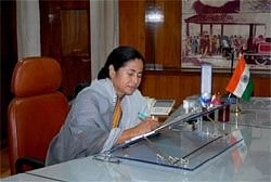 Railway Minister Mamta Banerjee assumes office in New Delhi on Thursday. PTI Photo