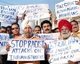 Parents and relatives of Indian students studying in Australia protest against the racist attacks on Indian students, in Amritsar on Friday. PTI