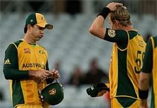 Australia's captain Ricky Ponting (L) reacts as his team loses their Twenty20 World Cup cricket match against Sri Lanka . AP