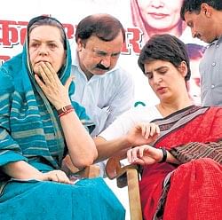 Congress President and UPA Chairperson Sonia Gandhi along with daughter Priyanka Vadra during a meeting with party workers in Rae Bareli on Thursday.