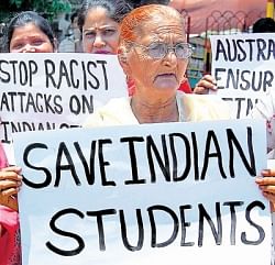Family members of students studying in Australia protest against the ongoing attacks in that country, in Amritsar on Friday. PTI