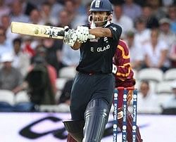 England's Ravi Bopara hits a shot during their Twenty20 World Cup cricket match against the West Indies in London on Monday. AP