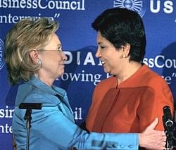 US Secretary of States Hillary Clinton and USIBC Chairman and PepsiCo head Indra K Nooyi during the 34th anniversary of USIBC event in Washington. PTI
