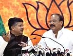 BJP leaders Venkaiah Naidu and Ravi Shankar Prasad at a press conference after the party's National Executive Meet in New Delhi on Sunday. PTI