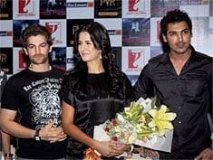 Bollywood actors Neil Nitin Mukesh, Katrina Kaif and John Abraham during the promotion of their new movie 'New York' in Gurgaon on Monday. PTI Photo