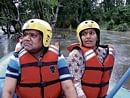 Assembly Speaker Jagadish Shettar and his wife Shipa rafting at Barapole in Gonikoppal on Saturday. DH Photo