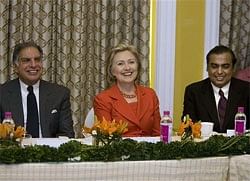 U.S. Secretary of State Hillary Rodham Clinton with Ratan Tata (L) and Mukesh Ambani,  in Mumbai on Saturday. AP