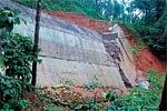 A view of retaining wall which collapsed at Channekallu near Basarikatte in Koppa taluk.