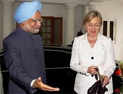 This Is The Way: Prime Minister Manmohan Singh and US Secretary of State Hillary Rodham Clinton during their meeting in New Delhi on Monday. PTI