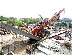 One of the Metro rail  bridges that was partially built, collapsed in New Delhi on July 12. PTI.