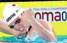 Paul Beidermann is ecstatic after winning the mens 200M freestyle gold in Rome on Monday. AFP