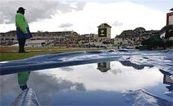 A puddle is seen on the outfield at Edgbaston cricket ground in Birmingham, England on Thursday. AP