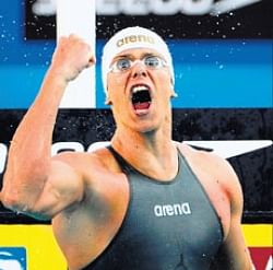 Brazils Cesar Cielo Filho celebrates his victory in the 100M freestyle final in Rome on Thursday. AFP