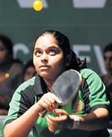 Poojitha N prepares to serve against Shubhashree in the junior girls final of the State ranking table tennis tournament in Bangalore. DH PHOTO.