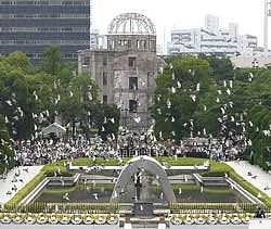 Doves fly over the Peace Memorial Park at a ceremony in Hiroshima to mark the 64th anniversary of the atomic bombing on the city. AP