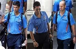 L-R: Rahul Dravid, Sachin Tendulkar and Coach Gary Kirsten  on arrival at Colombo airport.
