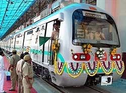 India's first standard Gauge Metro Car for Delhi Metro, during its flag off at BEML Limited, in Bangalore on Friday. PTI