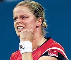 SUPER SHOW: Belgiums Kim Clijsters is jubilant after defeating Serena Williams of US in  the semifinals of US Open on Saturday. AFP