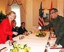US Secretary of State Hillary Clinton meets Foreign Minister S. M. Krishna at the Waldorf Astoria Hotel in New York on Friday. AP