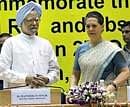 Prime Minister Manmohan Singh and Sonia Gandhi at the National Convention to commemorate the 50th anniversary of Panchayati Raj in Indian villages .