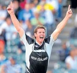 Kiwi paceman Ian Butler celebrates the fall of a Pakistani wicket. AFP