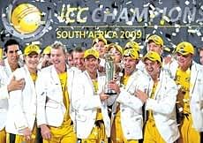 Australian team celebrates after the triumph in the Champions Trophy on Monday night. AP