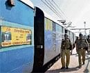 RPF personnel patrol the Ranchi Railway Station in the wake of the two-day bundh called by Maoists in the Jharkhand capital, Monday. PTI