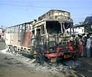 The truck that was burnt by Maoists during their bandh, at GT Road in Giridih district on Monday. PTI