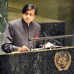Minister of State for External Affairs Shashi Tharoor speaks at UN General Assembly, in New York on Monday. PTI