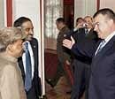 Defence Minister AK Antony with his Russian counterpart Anatoly Serdyukov during a meeting in Moscow on Wednesday. PTI