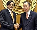 Minister of State for External Affairs Shashi Tharoor  with UN Secretary-General Ban Ki Moon at the UN headquarters in New York on Wednesday. PTI
