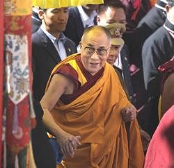 Dalai Lama arrives at the Tawang monastery in Arunachal Pradesh on Sunday. AP