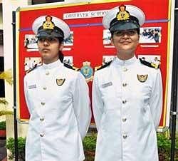 Sub Lieutenants Seema Rani Sharma and Ambica Hooda, the first women observers (airborne tacticians) of Indian Navy after recieving the wings at a Ceremonial Parade at INS Garuda in Kochi on Friday. PTI