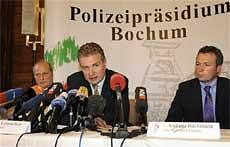 Peter Limacher of UEFA (C), chief investigator Andreas Bachmann (R), and police chief Friedhelm Althans, left, during a news conference about a sports betting fraud, at the police headquarters in Bochum, Germany on Friday. AP