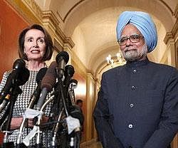 Speaker of the House Nancy Pelosi and Indian Prime Minister Manmohan Singh, speak to the media prior their meeting at her office on Capitol Hill in Washington on Monday. AP