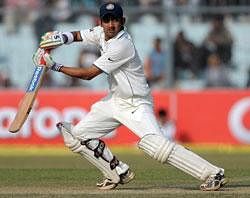 Indian cricketer Gautam Gambhir plays a shot on the first day of the second Test match against Sri Lanka at the Green Park Stadium in Kanpur on November 24, 2009.