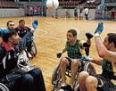 Wheels of Inspiration: Indian and Brazlian wheechair rubgy teams during a combined practice session at the Sree Kanteerava indoor Stadium on Thursday. DH photo/ Srikanta Sharma R