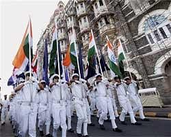 Naval personnel rehearse for the Navy Day programme to be held on December 3 and 4 at the Gateway of India, in Mumbai on Wednesday. PTI