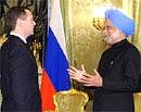 Prime Minister Manmohan Singh meets with Russian President Dmitry Medvedev at the Kremlin in Moscow on Monday. AFP