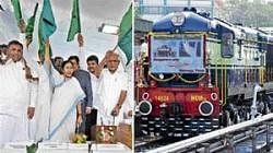 Union Minister for Railways Mamata Banerjee (centre) along with (from left) Union Minister of State for Railways K H Muniyappa, MP B Y Raghavendra and Chief Minister B S Yeddyurappa flagging off Bangalore - Shimoga intercity express in Bangalore on Tuesday. (Right) The new train from Bangalore to Shimoga. DH photos